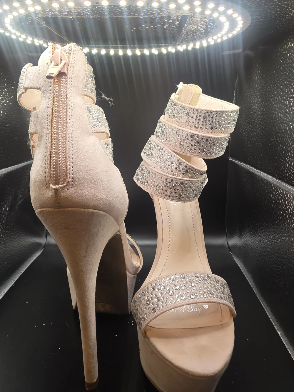 Shoe Dazzle Embellished Blush Platform Heels with Ankle Straps